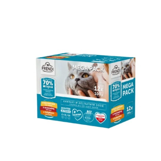 FRENDI kapsička pre mačky 12x100g hovädzina,morka,kura, 70% mäsa