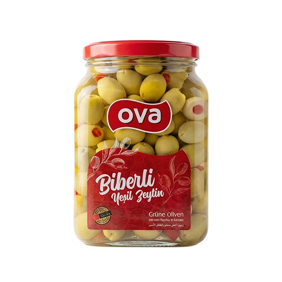 OVA Zelené olivy s červenou paprikou v slanom náleve  680g