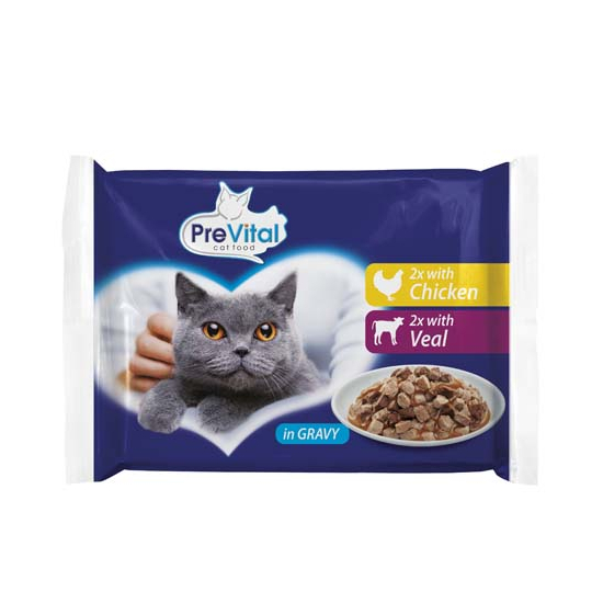 PreVital kapsička pre mačky 4x100g (2xkuracie,2xhovädzie)